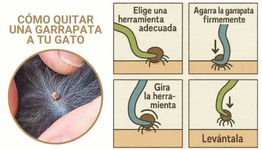 Instrucciones para quitar garrapatas en gatos: elige herramienta, agarra firmemente, gira y levanta.