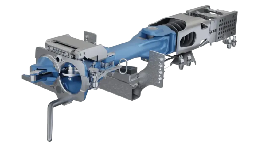 Mechanizm sprzęgła samoczynnego z niebieskimi elementami i metalowymi częściami, pokazujący jego wewnętrzną budowę.