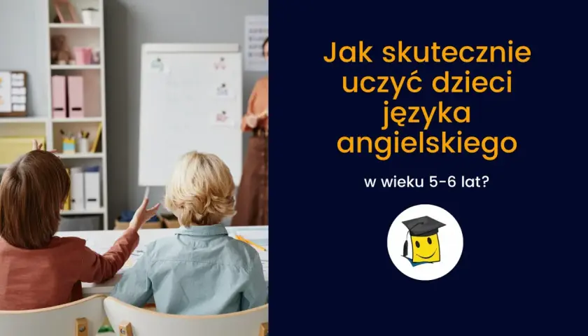 Dzieci na lekcji, jak uczyć dzieci angielskiego w wieku 5-6 lat. Zabawna grafika z biretem.