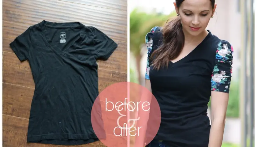 Before & after: a black t-shirt transformed into a stylish shirt with floral ruched sleeves. Learn how to turn a dress into a shirt!