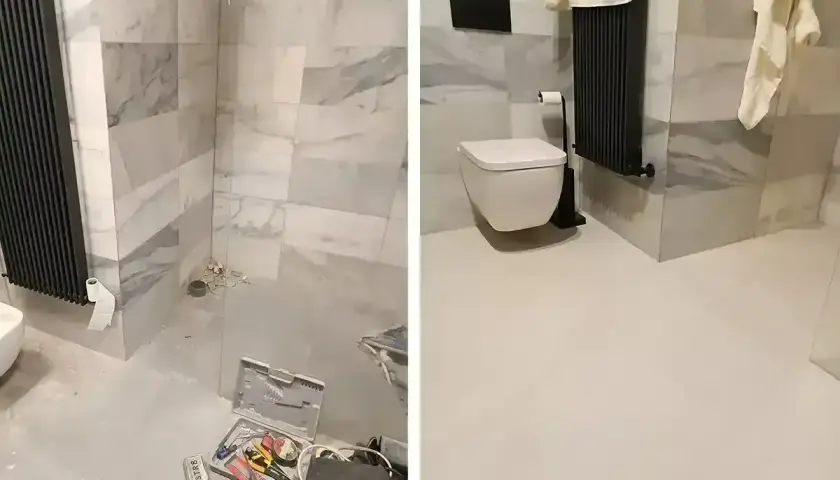 Łazienka przed i po remoncie. Wcześniej widoczne narzędzia i niedokończone prace, teraz eleganckie płytki na płytki i nowoczesna armatura.
