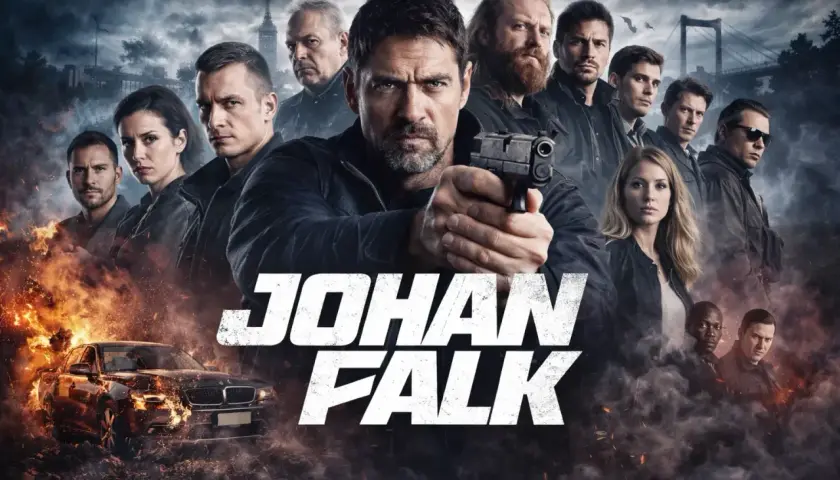 Johan Falk skådespelare i en actionfylld scen med ett team. En bil brinner i förgrunden.