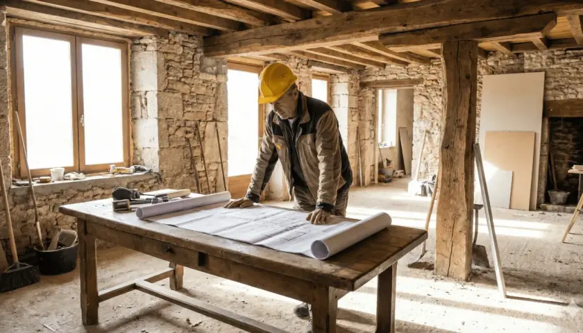 Un maître d'ouvrage, casque jaune, étudie des plans sur une table en bois dans une maison en pierre en rénovation.