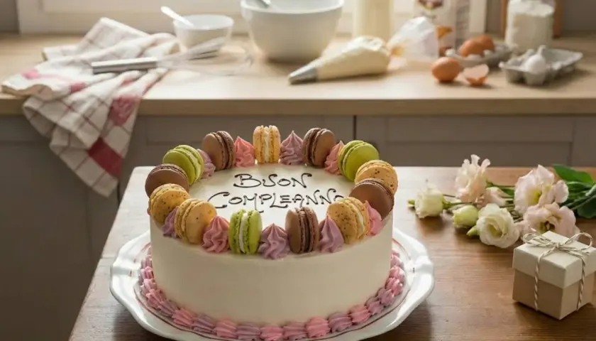 Torta di compleanno decorata con macarons colorati e scritta "Buon Compleanno". Perfetta tra le torte di compleanno semplici da fare in casa.