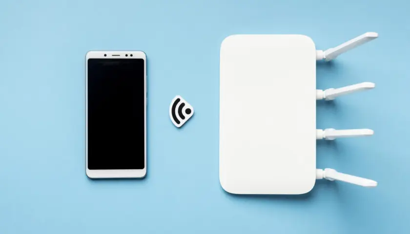 Smartfon i router Wi-Fi obok symbolu połączenia. Dowiedz się, jak udostępnić internet z telefonu.