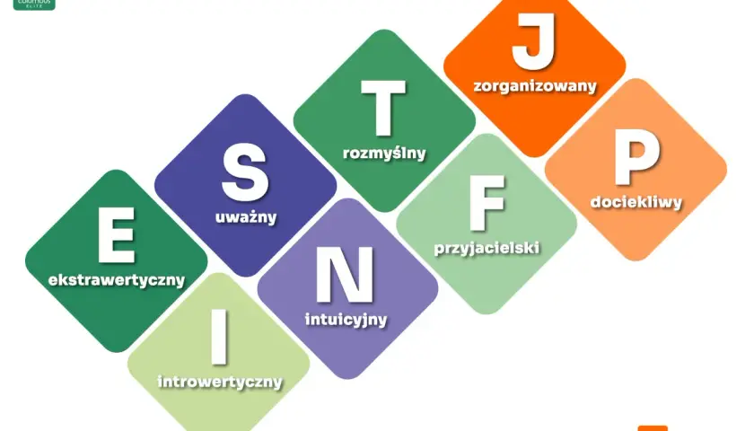 Diagram przedstawiający cechy osobowości MBTI: E (ekstrawertyczny), I (introwertyczny), S (uważny), N (intuicyjny), T (rozmyślny), F (przyjacielski), J (zorganizowany), P (dociekliwy).