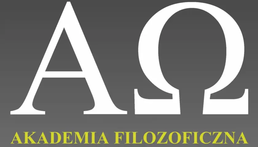Białe greckie litery Alfa i Omega na szarym tle, poniżej żółty napis "AKADEMIA FILOZOFICZNA". Symbolizuje to początek i koniec, a także dialektykę myśli.