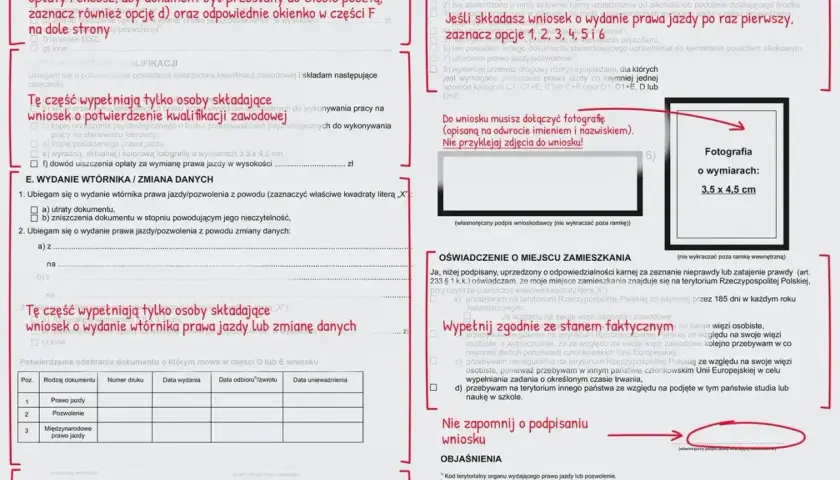 Nowe prawo jazdy: wniosek o wydanie dokumentu, zdjęcie 3,5x4,5 cm, potwierdzenie opłaty.