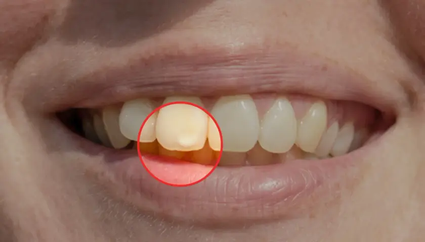 Dente con macchia gialla evidenziata da un cerchio rosso, circondato da gengive bianche e altri denti sani.