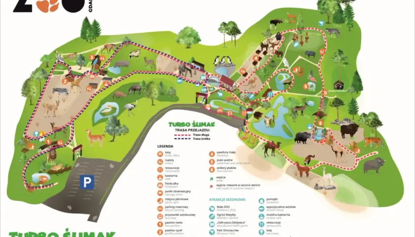 Mapa zoo w Gdańsku z zaznaczonymi trasami "Turbo Ślimak", zwierzętami i atrakcjami.