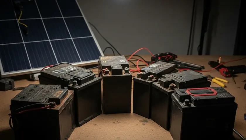 Mehrere Autobatterien sind zu einem Solarspeicher-System verbunden, mit einem Solarpanel im Hintergrund.