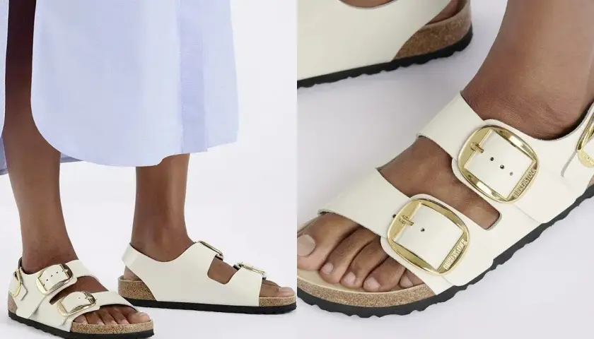 Białe sandały z dużymi złotymi klamrami, idealne na lato. Czy to Bayton czy Birkenstock, wybór należy do Ciebie!