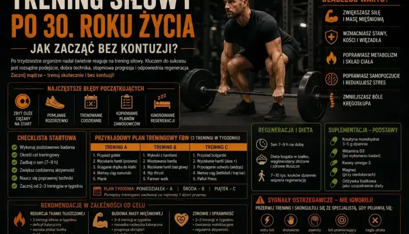 Mężczyzna podnosi sztangę. Plakat zawiera przykładowy plan treningowy FBW, porady dotyczące regeneracji i diety, a także sygnały ostrzegawcze.