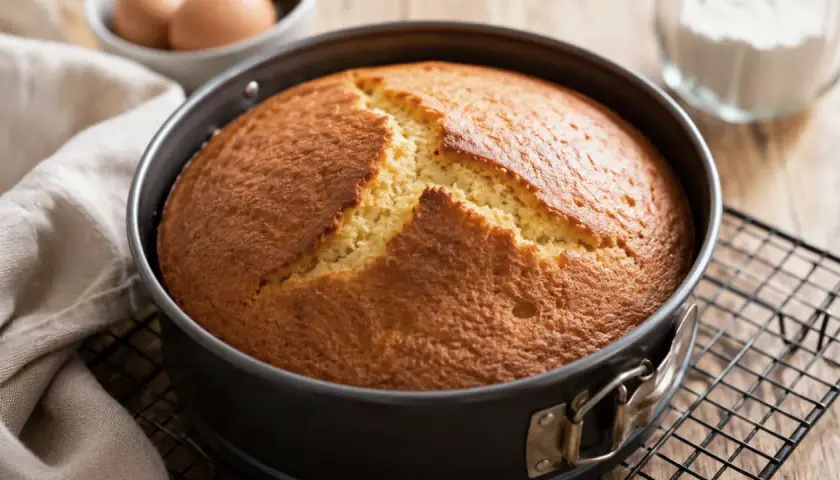 Gâteau doré dans son moule, craquelé sur le dessus. Un mystère : pourquoi mon gâteau ne gonfle pas ? Des œufs et de la farine à proximité.