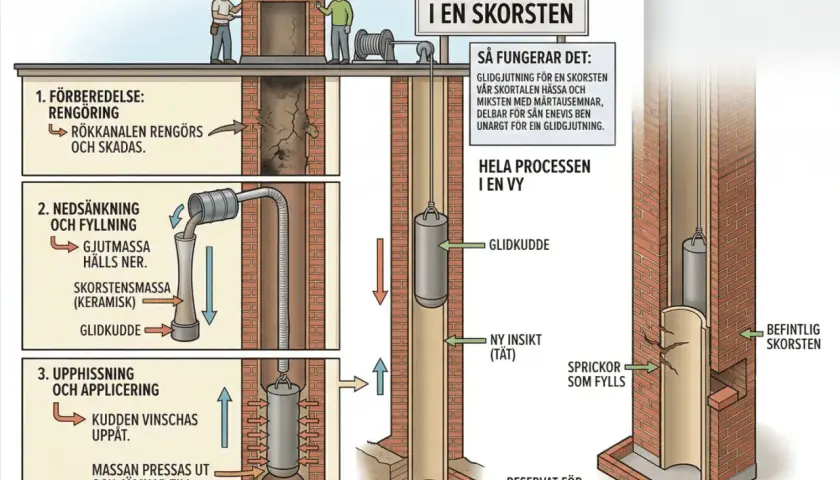 Illustration som visar hur man renoverar skorsten med glidgjutning. Processen innefattar rengöring, nedsänkning av gjutmassa och upphissning av en kudde för att jämna ut.