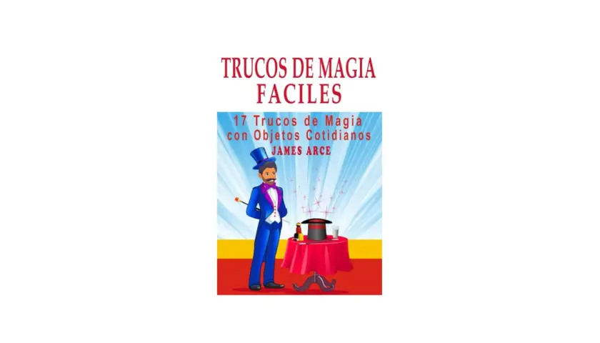 Ilustración de un mago con sombrero de copa y traje azul realizando trucos de magia para hacer en casa, con una mesa y chistera.