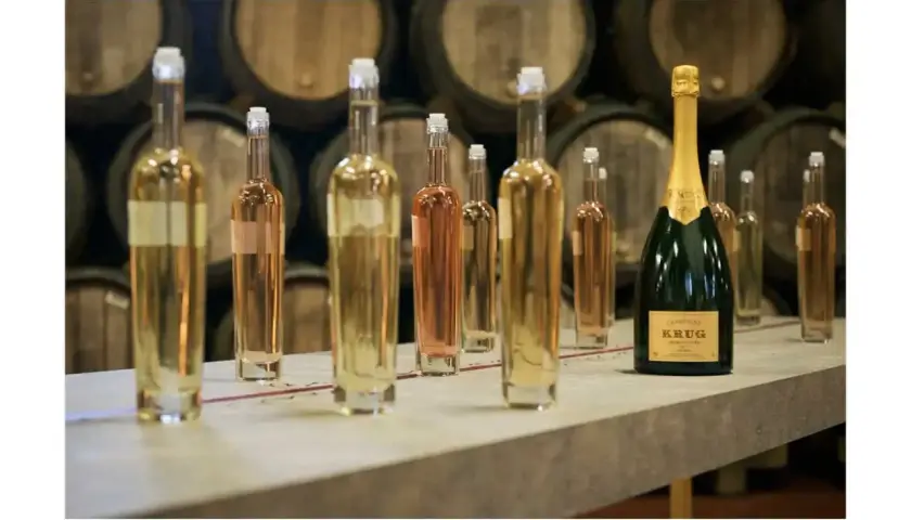 Bouteilles de vin clair et rosé, prêtes pour la création du champagne, avec une bouteille Krug en avant-plan.