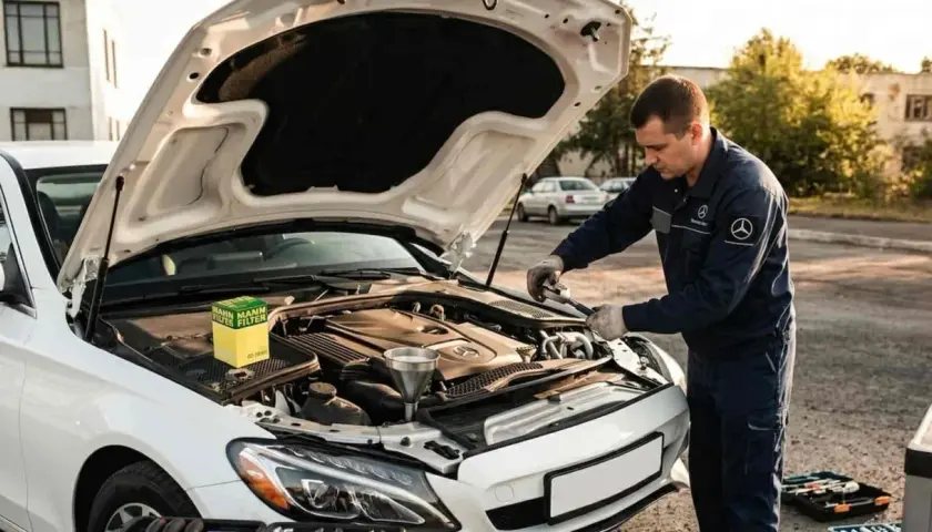 Mecánico realiza mantenimiento B1 Mercedes, cambiando filtros y revisando el motor.