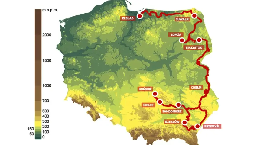 Mapa Polski z zaznaczonym wschodnim szlakiem rowerowym Green Velo, biegnącym przez Elbląg, Suwałki, Białystok, Chełm, Rzeszów i Przemyśl.