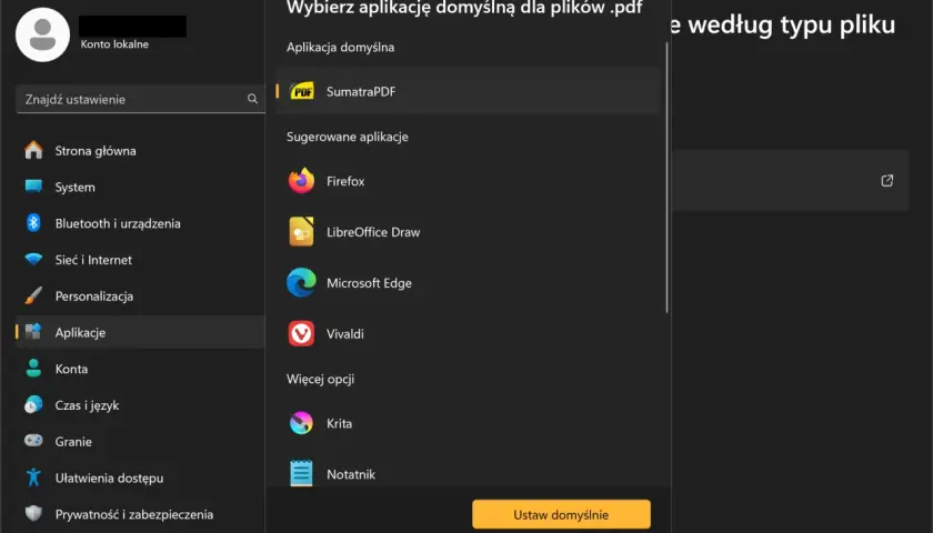 Ustawienia aplikacji domyślnych dla plików PDF. Wybierz SumatraPDF, aby ustawić Adobe jako domyślny program do otwierania PDF.