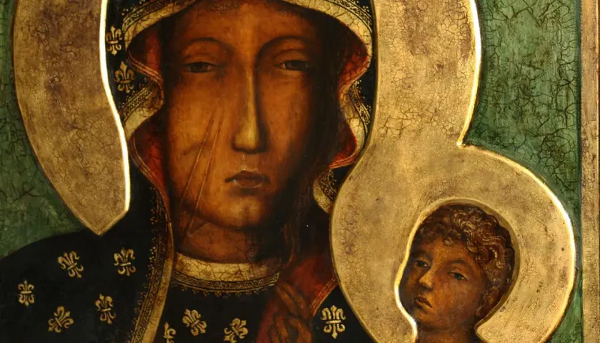 Ikona Matki Boskiej z Dzieciątkiem. Zastanawiamy się, ile lat miała Maryja jak urodziła Jezusa, patrząc na jej łagodne oblicze.