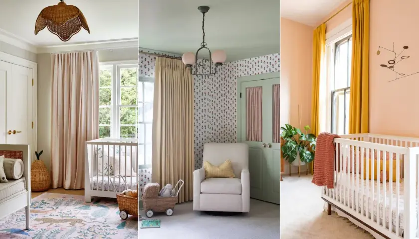 Sweet baby room inspiration with floral wallpaper, a wicker light fixture, and a cozy crib.