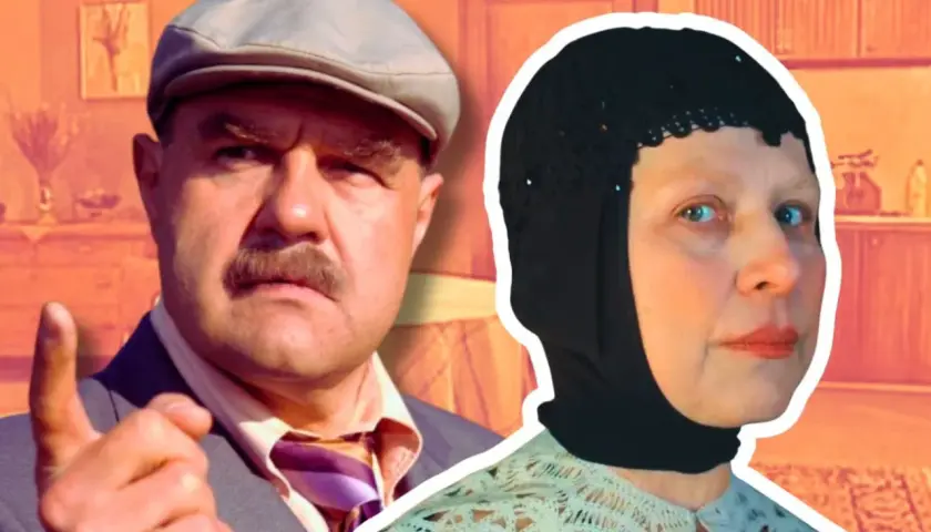 Adam i Ewa serial: mężczyzna w czapce z daszkiem grozi palcem, obok kobieta w czarnej chuście i koronkowej narzutce.