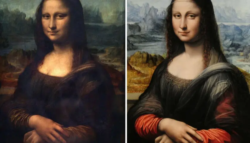 Zwei Darstellungen der Mona Lisa: Links das Original, rechts eine restaurierte Version mit leuchtenderen Farben und klareren Details.