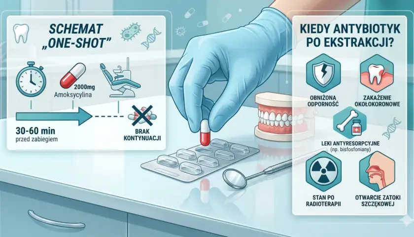 Schemat "one-shot" antybiotyku po wyrwaniu zęba: amoksycylina 2000mg na 30-60 min przed zabiegiem. Kiedy antybiotyk po ekstrakcji? Obniżona odporność, zakażenie okołokoronowe, leki antyresorpcyjne, stan po radioterapii, otwarcie zatoki szczękowej.