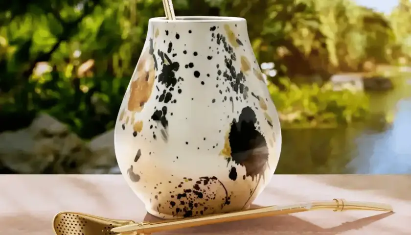 Elegancki matero, czyli jak się nazywa kubek do yerba mate, z ozdobnym wzorem i złotą bombillą na tle zieleni.