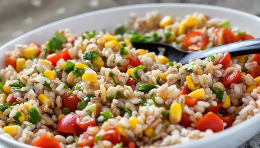 Insalata di farro colorata con pomodorini, mais e prezzemolo fresco, servita in una ciotola bianca con un cucchiaio nero.