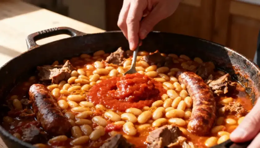 Un plat généreux de cassoulet maison, avec ses haricots blancs, ses saucisses et ses morceaux de viande, prêt à être dégusté.