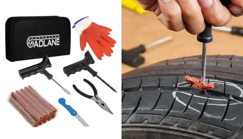 Kit de reparación para rueda pinchada: herramientas, parches y guantes. En la otra imagen, se muestra cómo usar una herramienta para reparar el pinchazo.