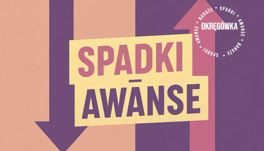 Grafika z napisem "SPADKI" i "AWANSE", symbolizująca zmiany w ligach. Ile drużyn spada z 1 ligi?