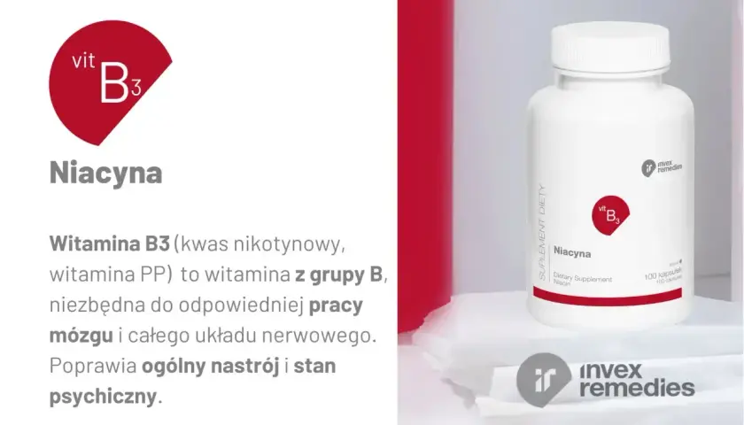Witamina B3 (niacyna) wspiera pracę mózgu i układu nerwowego, poprawiając nastrój i stan psychiczny.