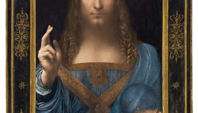Leonardo da Vincis "Salvator Mundi" mit seinem Rekordpreis. Christus hält eine Kristallkugel und segnet.
