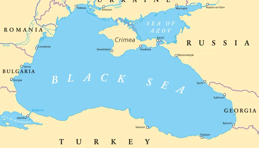 Mapa Morza Czarnego pokazuje, że Ukraina ma dostęp do morza przez Odessę i Morze Azowskie.