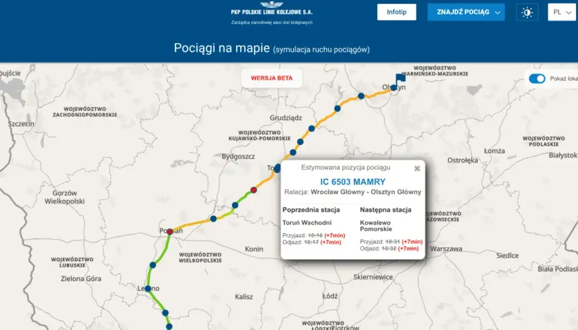 Mapa z symulacją ruchu pociągów, pokazująca trasę IC 6503 MAMRY z Wrocławia do Olsztyna.