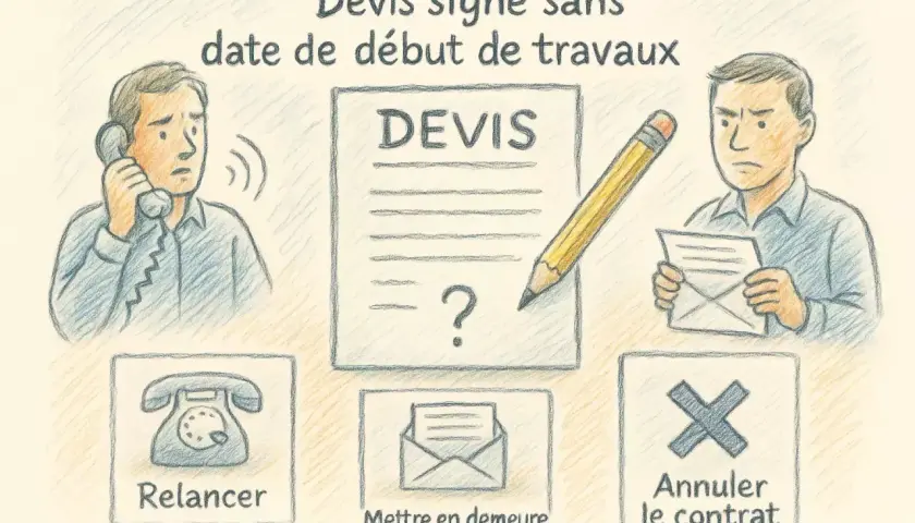 Un homme au téléphone, un devis signé sans date de début de travaux, et un autre homme tenant une lettre. Options : relancer, mettre en demeure, annuler le contrat.
