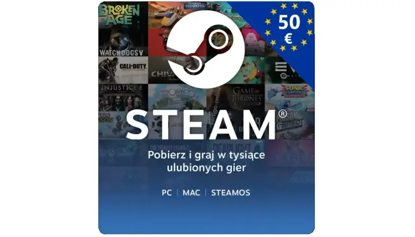 Karta Steam o wartości 50€ z logiem Steam i kolażem okładek gier. Pobierz i graj w tysiące ulubionych gier na PC, Mac, SteamOS.
