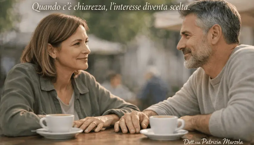 Coppia matura al caffè, mani vicine. Il corteggiamento quando mollare è una scelta chiara, non un dubbio.