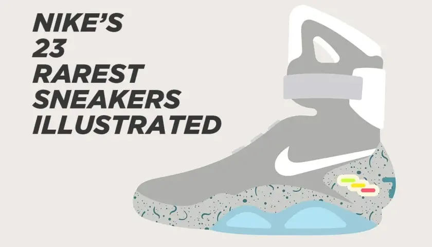 Ilustracja przedstawia futurystyczne buty Nike, jedne z najdroższych Nike, z napisem "Nike's 23 Rarest Sneakers Illustrated".