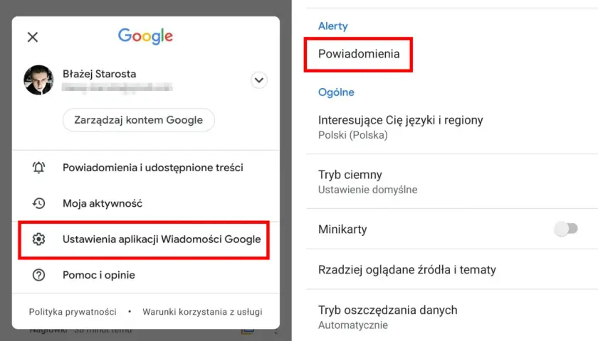 Ekran ustawień aplikacji Wiadomości Google. Widać opcję "Powiadomienia", która pozwala zarządzać tym, jak wyłączyć powiadomienia.