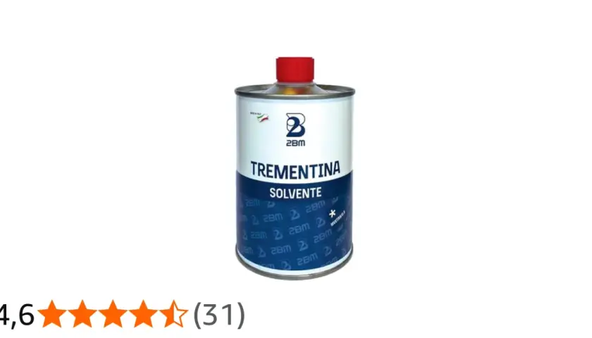 Puszka terpentyny z czerwonym korkiem i etykietą "TREMENTINA SOLVENTE".