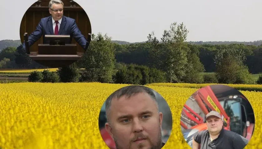 Kto stoi za projektem ustawy o rzeczniku praw rolników i ile to będzie kosztować? Na zdjęciu polityk i dwaj rolnicy na tle kwitnącego rzepaku.