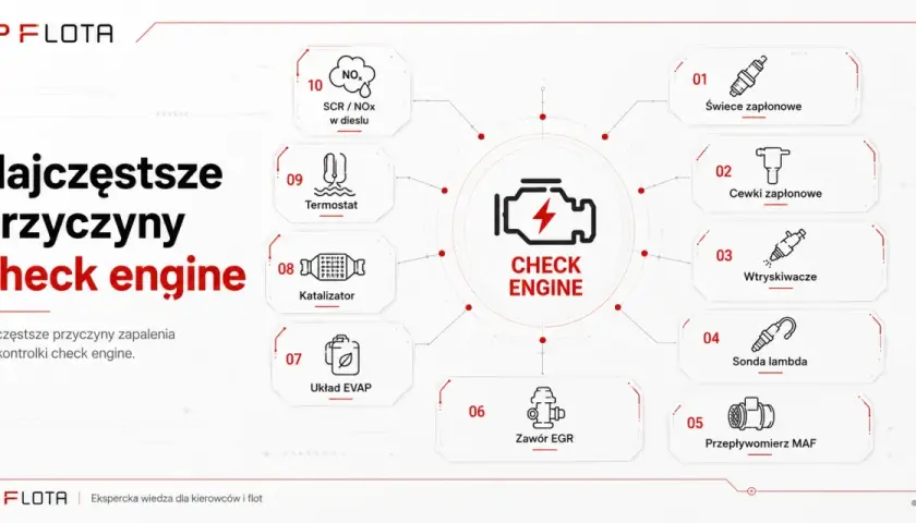 Najczęstsze przyczyny zapalenia się kontrolki check engine: świece, cewki, wtryskiwacze, sonda lambda, przepływomierz MAF, zawór EGR, układ EVAP, katalizator, termostat, SCR/NOx. Czy można jeździć? Sprawdź!
