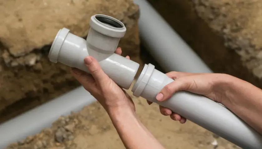 Montaż elementów instalacji wodnej w domu. Dwie ręce łączą szare rury kanalizacyjne, tworząc system odprowadzania wody.
