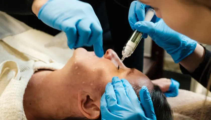 Osoba w niebieskich rękawiczkach wykonuje zabieg sinapsi na twarzy klienta, aplikując serum.
