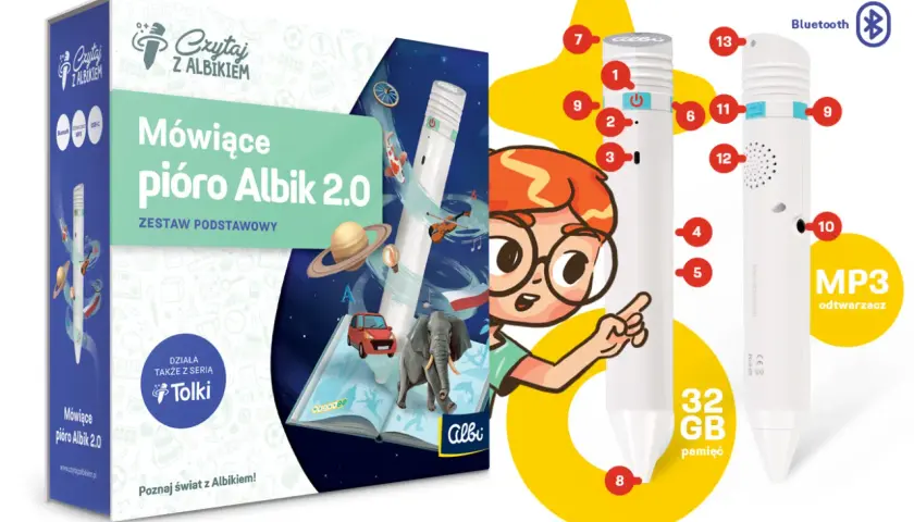 Mówiące pióro Albik 2.0 działa jak magiczna różdżka, ożywiając książki. Zestaw podstawowy z 32 GB pamięci i odtwarzaczem MP3.