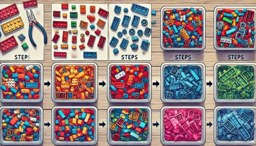Schritt-für-Schritt-Anleitung für LEGO-Bauten. Verschiedene Farben von LEGO-Steinen werden sortiert und in Behältern präsentiert, wie in einer alten LEGO-Bauanleitung.